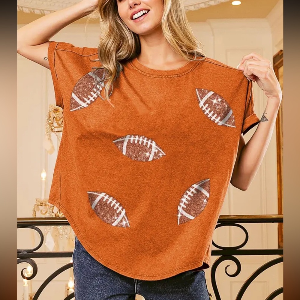Bibi Vintage Orange Football Print Sequin Top